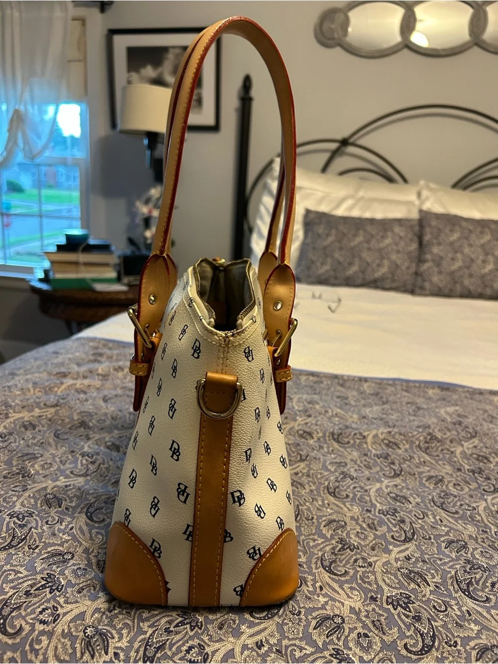 Dooney & Bourke Cream Satchel with blue logo with Tan Leather Handles 14x7
